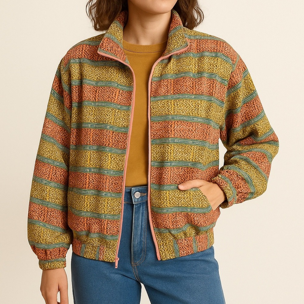 EVR Vintage‎ 100% Silk Bomber Jacket Size Large Full Zip Grandmacore 90's
